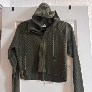 H&M Olive Green Ribbed Half-Zip Cropped Hoodie